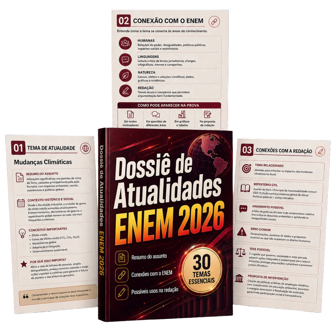 Mockup do bônus Dossiê de Atualidades ENEM 2026